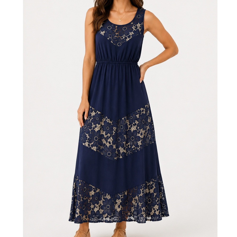 NY Collection Navy Blue Floral Lace Panel Sleeveless L Maxi Dress Elastic‎ Waist